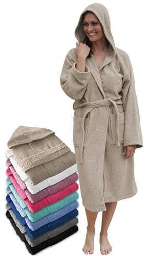 LEBENGOOD Peignoir de bain à capuche, pour femme et homme 100% coton éponge 400 g avec ceinture, poches, douche, peignoir doux, serviette