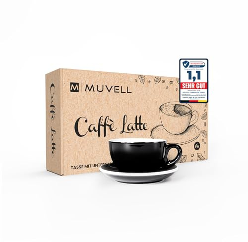 MUVELL 6x Milchkaffeetassen | schwarz | Italian Style | dickwandig & schwer | spülmaschinenfest | Caffé Latte Set mit Untertassen - Geschenkset