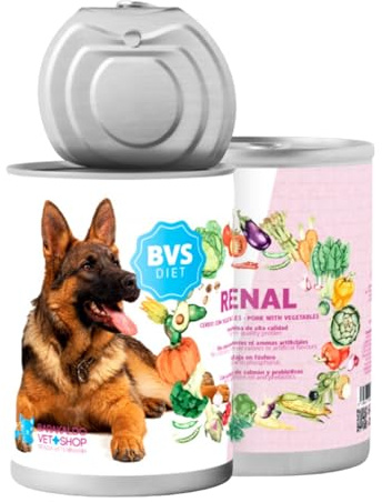 BVS Vet Shop | Diet Renal Cerdo con Verduras Lata para Perros | Adecuado para apoyar la función renal, con Aceite de salmón y prebióticos | 6 unid. x 400 gr