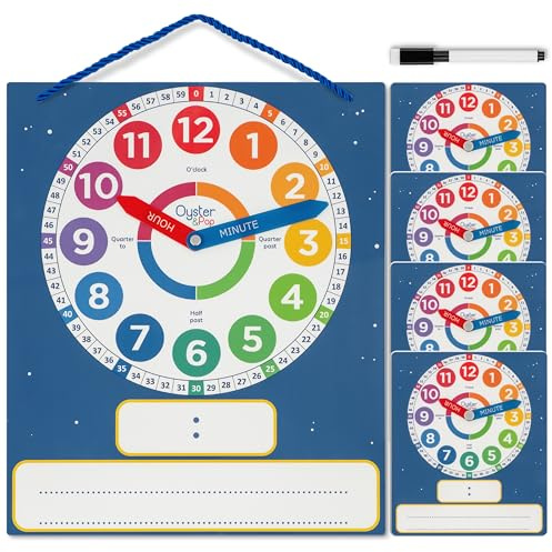 Oyster&Pop Practice Clock for Learning Time - 5 Pack Dry Erase Telling Time Teaching Clocks for Kids with Movable Hands - 1 Large Magnetic Clock + 4 Student Clocks - Includes eBook