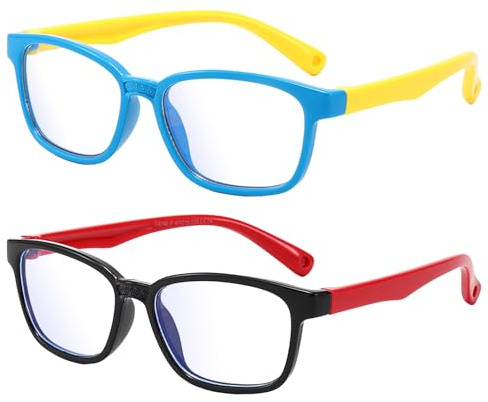 Depinleen Kids Blue Light Blocking Glasses, Computer Gaming Eyewear with Spring Hinges, Multiple Colors, Ages 6-15, Square Frame (Blue & Red)