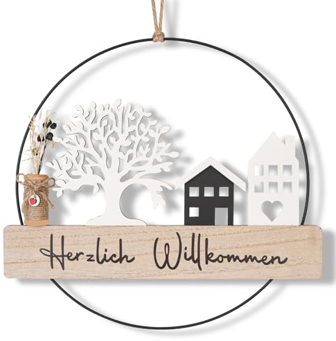 Corona de Flores Secas para Puerta - Decoración Personalizada con Placa Bienvenido, Árbol de la Vida y Casita (28cm) - Ideal para Ventanas, Paredes y Celebraciones