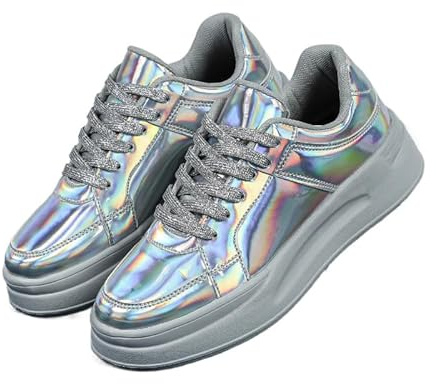 JXpxbao Damen Glitzernde modische Sneaker-Schuhe, glänzende Freizeitschuhe, glitzernde Pailletten, Konzert, niedrig geschnitten, Schnürschuhe (37,Buntes Silber)