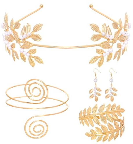 Set di Accessori per Costume da Dea Greca, Corona di Foglie Romane, Bracciali da Braccio, Orecchini Pendenti, Dea Greca Gioielli Costume Accessori per Feste, Matrimonio, Halloween, Carnevale (Oro-B)
