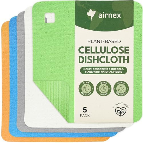 AIRNEX 5 Pack Swedish Dishcloths for Kitchen - Eco-Concious Reusable Dish Towels & Cloths - Super Absorbent, Odor Resistant and Fast Drying Wash Cloths for Dishes & Surfaces