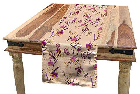 ABAKUHAUS Blumen Tischläufer, Empfindliche Exotische Blumen, Esszimmer Küche Rechteckiger Dekorativer Tischläufer, 40 x 180 cm, Dunkel Magenta Heller Pfirsich Violett