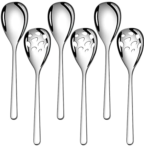 AYFDISHS 6-Piece Slotted & Solid Serving Spoons Set, 9.4 Inch Stainless Steel Perforated Serving Spoons for Vegetables, Salad, Pasta, 3 Tablespoons, 3 Slotted Spoons