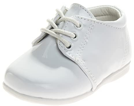 Josmo Baby Walking Shoes Laceup First Step Training Booties - Kids Boys Formal Dress Shoe Loafer Oxford Saddle Learn to Walk - White Gloss (Size 4 Infant)