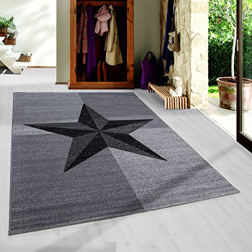 HomebyHome Teppich Wohnzimmer 140x200 cm Grau und Schwarz Moderne Stern Design - Jugendzimmer Esszimmer und Schlafzimmer Teppich Kurzflor Teppich Extra Weich Pflegeleicht - Carpet Living Room