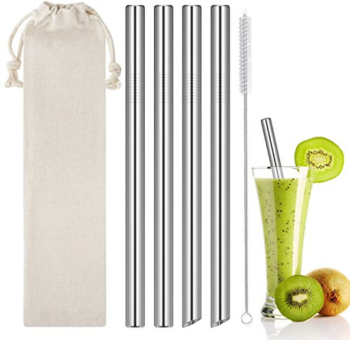 HXC Reusable Boba Straws, Stainless Steel, 5pcs, 215mm x 12mm, Milkshake & Bubble Tea Straws with Cleaner