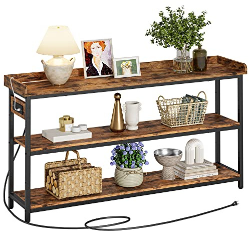 IRONCK Console Table, Sofa Table with Power Outlet, Farmhouse Hallway Table for Entryway, Living Room, Height Adjustable, Easy Assembly, Rustic Brown,55
