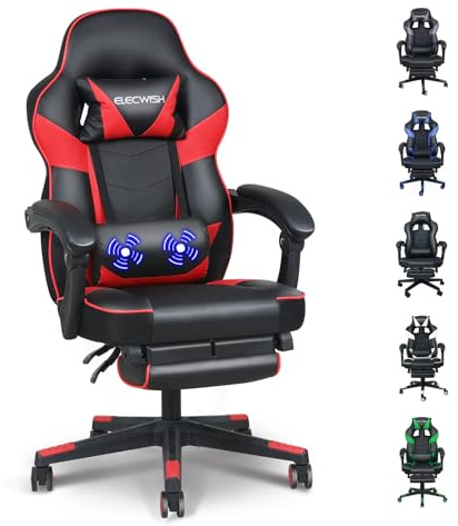 Fullwatt Gaming Stuhl, Bürostuhl Ergonomisch Racing Stuhl Massage Gamingstuhl mit Fußstütze 90-150° Rückenlehne Verstellbar, mit Abnehmbare Kopfstütze Lendenkissen, PU Leder Rot