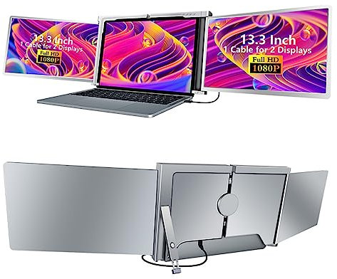 Docooler 14-Zoll-Dreifacher Tragbarer Monitor, 1920 * 1080/1200P FHD IPS-Tri-Screen Monitor Screen Extender, HDMI/USB/Typ-C-Plug-and-Play-Gaming-Computermonitor mit 1 Kabel für 15-17,3-Zoll-Laptop