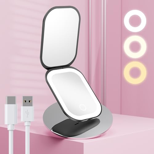 Lighted Compact Mirror with Lights, Ultra Slim Travel Mirror, 1X/3X, Black