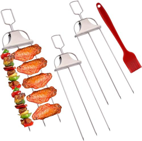 Lot de 3 brochettes de barbecue 3 voies en acier inoxydable avec barre de poussée, brosse coulissante et sac, brochettes réutilisables pour barbecue, viande, légumes, poulet, saucisses, accessoires de
