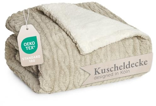 Blumtal Manta Sofa 150x200cm con diseño de Punto Trenzado - Mantas para Cama con Certificado Oeko-Tex - Mantas para Sofa de Microfibra - Mantas para Cama de 150 Invierno - Manta Sherpa - Beige/Blanco