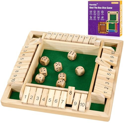 Havnidy Shut The Box Game 4 Player Wooden Table Game,Classic Dice Games,Travel Game,Wooden Math Traditional Pub Board Dice Game, Family Board Games