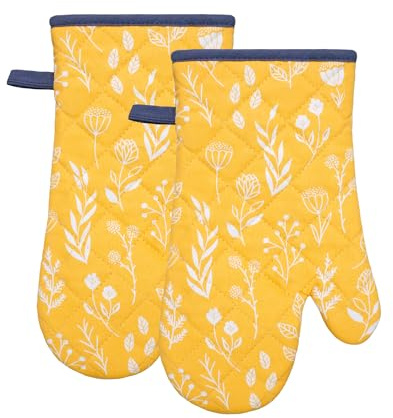 Oven Gloves Gauntlet Set of 2 – Yellow with White Floral Design, Heat Resistant Mitts for Kitchen Cooking, Baking, Grilling and BBQ for New Home or Birthday