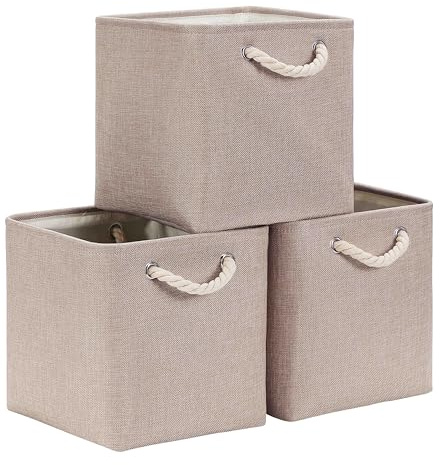 Mangata Set di 3 Scatole per Armadio,Cesto portaoggetti Tessuto, Cestino portaoggetti con Corde, 33 x 38 x 33 cm, per Guardaroba, Armadio, Scaffali (Pieghevole, Kaki Chiaro)