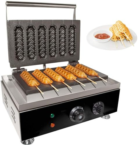Waffle Stick Maker, Commercial Corn Dog & Cheese Stick Press, 6pcs Hot Dog Maker with Temperature Control 50-300℃, Stainless Steel with Timer for French Muffins