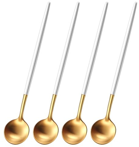 DEHOV 6.7 Inches Satin Gold Stainless Steel 18/10 Coffee Spoons Set With White Handle,Set Of 4 Teaspoons,Brushed Gold Small Tea Spoons For Dessert,MIni Coffee Stirring Spoon