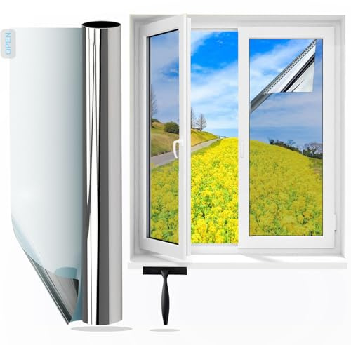 wonderffolie Pellicola per finestra, per privacy, unidirezionale, trasparente, riflettente al calore, anti-riflesso e a specchio UV, per casa e ufficio, colore argento, 60 x 400 cm