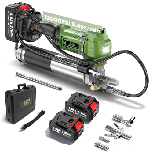 J-KU Pistola Engrasadora a Batería con 2 x 4.0Ah, 12000 PSI Eléctrica Pistolas de Engrase con Manguera de 100cm(39.4) & Acoplador 90°, Luz LED, Bomba de Engrase para Tractor y Industrial, 400cc