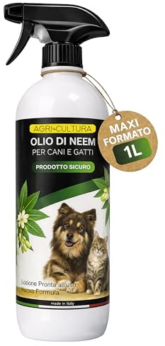 AGRI-CULTURA® | Olio di Neem per Cani e Gatti Spray【1 Litro】 | Effetto Barriera Naturale Contro Zecche, Pulci, Zanzare e Insetti | Sicuro e Delicato | Uso Domestico ed Esterno.