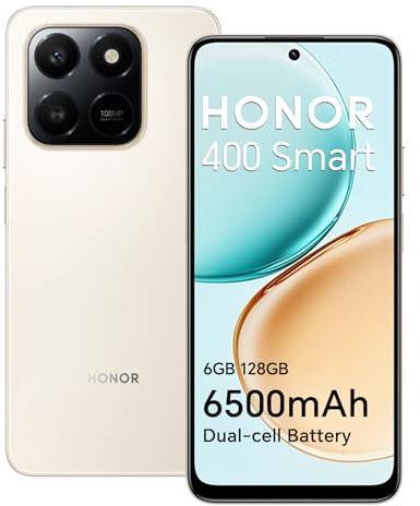HONOR 400 Smart Smartphone 4G 6GB 128GB, Batería 6500mAh, Pantalla Resistente a Caídas de 6.77 IP54, Cámara Principal de 108MP, Android 15, Dual SIM, NFC, Oro
