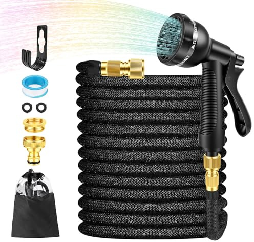 Gaethra Tubo Estensibile da Giardino 30M, Tubo Acqua Giardino in Poliestere Espandibile, 100 FT Canna Acqua Giardino con 8 Getti Diversi e Raccordi in Ottone da 1/2 e 3/4, Nero