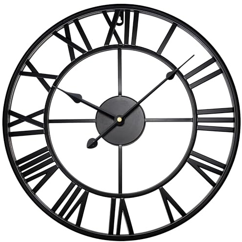 FB FunkyBuys Large Vintage Metal Wall Clock with Roman Numerals, Silent Non-Ticking Skeleton Battery Operated Clock for Living Room, Dining Room, Kitchen and Outdoor (Black, 78 CM (31))