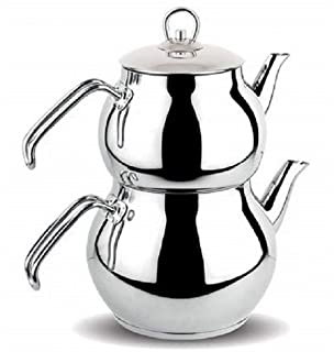 DESTALYA Türkische Teekanne Set, Edelstahl Doppel Teekannen für Herd Top Teebereiter mit Griff Samowar Stil Selbstbeanspruchter Teekessel Wasserkocher Wasserwärmer, Caydanlik Takimi (Mini Metall)