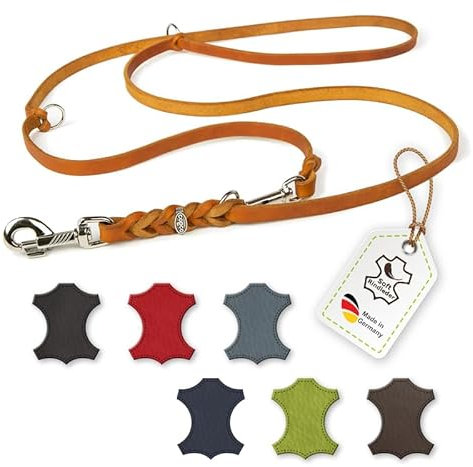 CopcoPet Hundeleine Leder 3-Fach verstellbar, Umhängeleine für mittelgroße Hunde, Fettlederleine Hund geflochten – Mit Chrombeschlägen – Robust, ideal für Spaziergang, Training 5m x 15mm Cognac