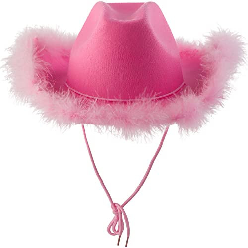 Orbgons Rosa Hut mit Feder, Flauschiger Federrand, Erwachsenengröße, Cowboyhut mit Federn für Bachelorette-Kostümparty, Spiel-Anzieh-Outfits für Frauen Schirmmütze Mädchen (Pink, One Size)