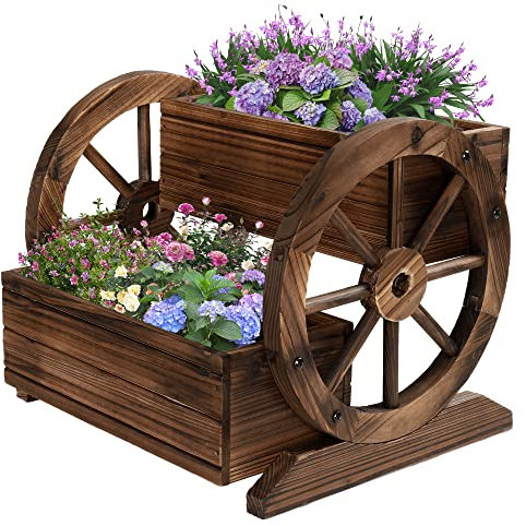 OIPRTGFJ Wooden Wagon Planter Box, Garden Planter with Wheels,Decorative Planter for Flowers Herbs Vegetables for Indoor & Outdoor Décor, Flower Cart for Patio Garden Balcony