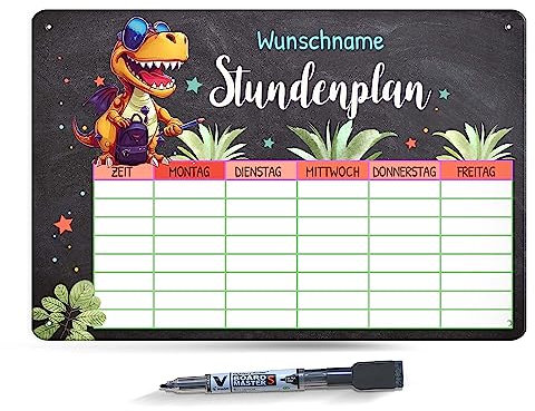 PR Print Royal Abwischbarer Stundenplan magnetisch inkl. Stift - T-Rex - mit Name personalisierbar - Einschulungsgeschenk - Geschenk zum Schulanfang - Metallschild A4 mit abwischbarem Stift