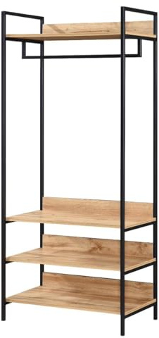 Swish Furniture Alva Open Wardrobe with 4 Shelves Oak and Black Metal Frame, Freestanding Wardrobe, Hanging Clothes Rail, 180H x 42.5D x 80Wcm, Clothes Rail Heavy Duty