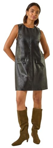 Roman Originals Faux Leather Pocket Detail Dress for Women UK - Ladies Everyday Autumn Winter Round Neckline Comfy Soft Evening Vacation Work Party Night Out - Black - Size 10
