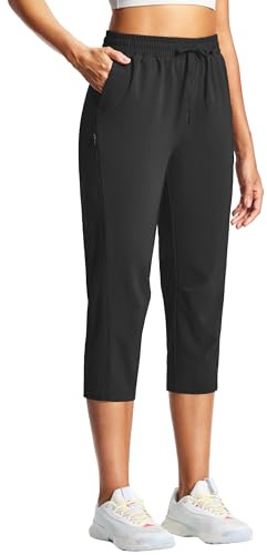 ISEE 21 Women's Hiking Capri Pants Lightweight Drawstring Capri Trousers for Women with Pockets Outdoor Travel Casual Black