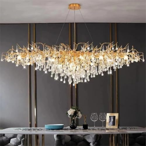 IDHBGJD Moderner Goldener Kristall-Kronleuchter – Regentropfen- und AST-Design, luxuriöse große Pendelleuchte für Esszimmer, Wohnzimmer, Schlafzimmer, Eingangsbereich/Foyer mit hoher Decke