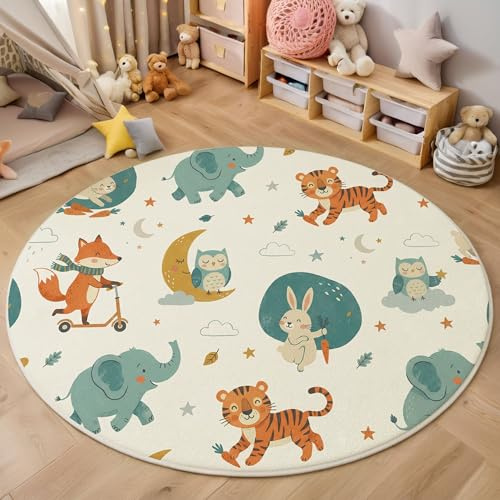 Alfombra Redonda Ø 100 Cm, Antideslizante Lavables En Alfombras Lindo Conejo Tigre Elefante Ilustraciones Animales Pelo Corto Suave Tapetes Salon Habitacion Pie De Cama Salón Comedor, Color Crema