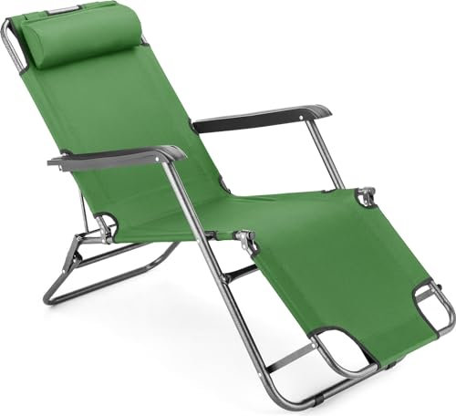 Outtec Klappbare Sonnenliege Liegestuhl Klappliege Gartenliege mit verstellbarem Kopfpolster & Rückenlehne – Campingstuhl – Balkon – Gartensessel – Fußablage - Camping Stühle (Grün)
