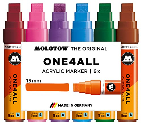 Molotow One4All 627HS Acryl Marker Basic-Set 2 (15,0 mm Strichstärke, Blockspitze, hochdeckend und permanent, UV-beständig, für fast alle Untergründe) 6 Stück sortiert