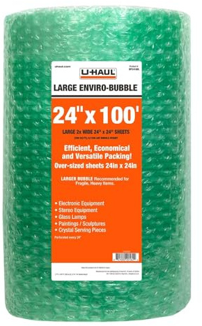 U-Haul Enviro-Bubble - Bulk Roll 100' of Large Bubble Padding & Protection for Fragile Decor, Dishes, Glassware, Frames, & More- 1 Roll