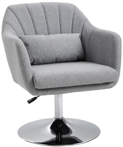 HOMCOM Swivel Linen Fabric Accent Chair for Living Room Contemporary Vanity Armchair with Adjustable Height Thick Cushion Lumbar Support Armrest for Bedroom Office Light Grey