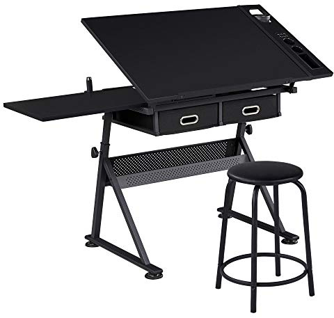 Yaheetech Table à Dessin Inclinable Hauteur Réglable avec Tabouret et 2 Tiroirs Compartiments à Crayons Bureau pour Dessinateur Peintre Ingénieur Artiste Noir