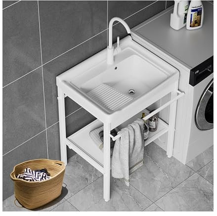 Lavabo Lavanderia Utilità ,Lavello da Cucina Autoportante,Lavandino da Giardino Esterno,Lavatoio Ceramica,con Rubinetto,Componenti di Drenaggio,Supporto in Acciaio Inox,per Garage,Cortile,interno/Este