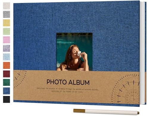 Vienrose Fotoalbum Selbstklebend Einkleben 10x15 Klein Leinen Photo Album mit 60 Weißen Seiten, Hochzeit Jahrestag Geburtstag Fotoalben mit Einem Kugelschreiber, 21,5x30cm, Marineblau