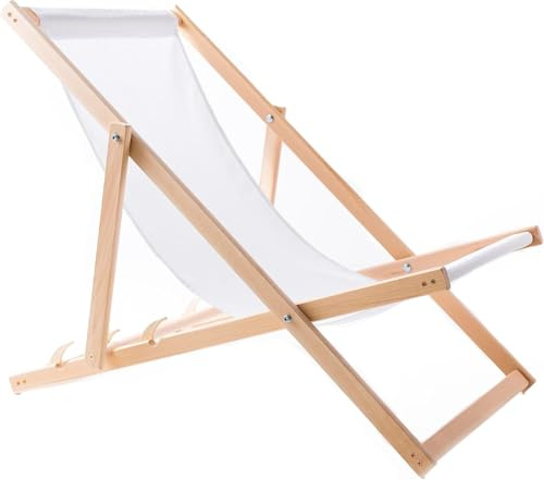 WOODOK Liegestuhl Klappbar Holz - Strandstuhl aus Buchenholz bis 120kg, ohne Armlehne - 3-Stufige Rückenlehnenverstellung (Weiß)