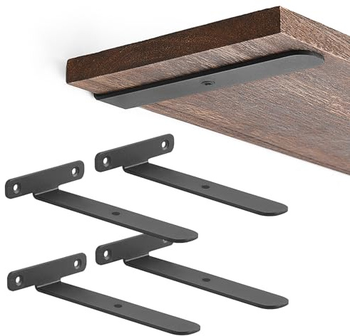 Mkono 4 Pack Shelf Brackets Black Heavy Duty Metal Hidden L Bracket for Shelves Support, Minimalistic Floating Shelf Bracket 4 Inch Rustic Industrial Wall Shelf Brackets